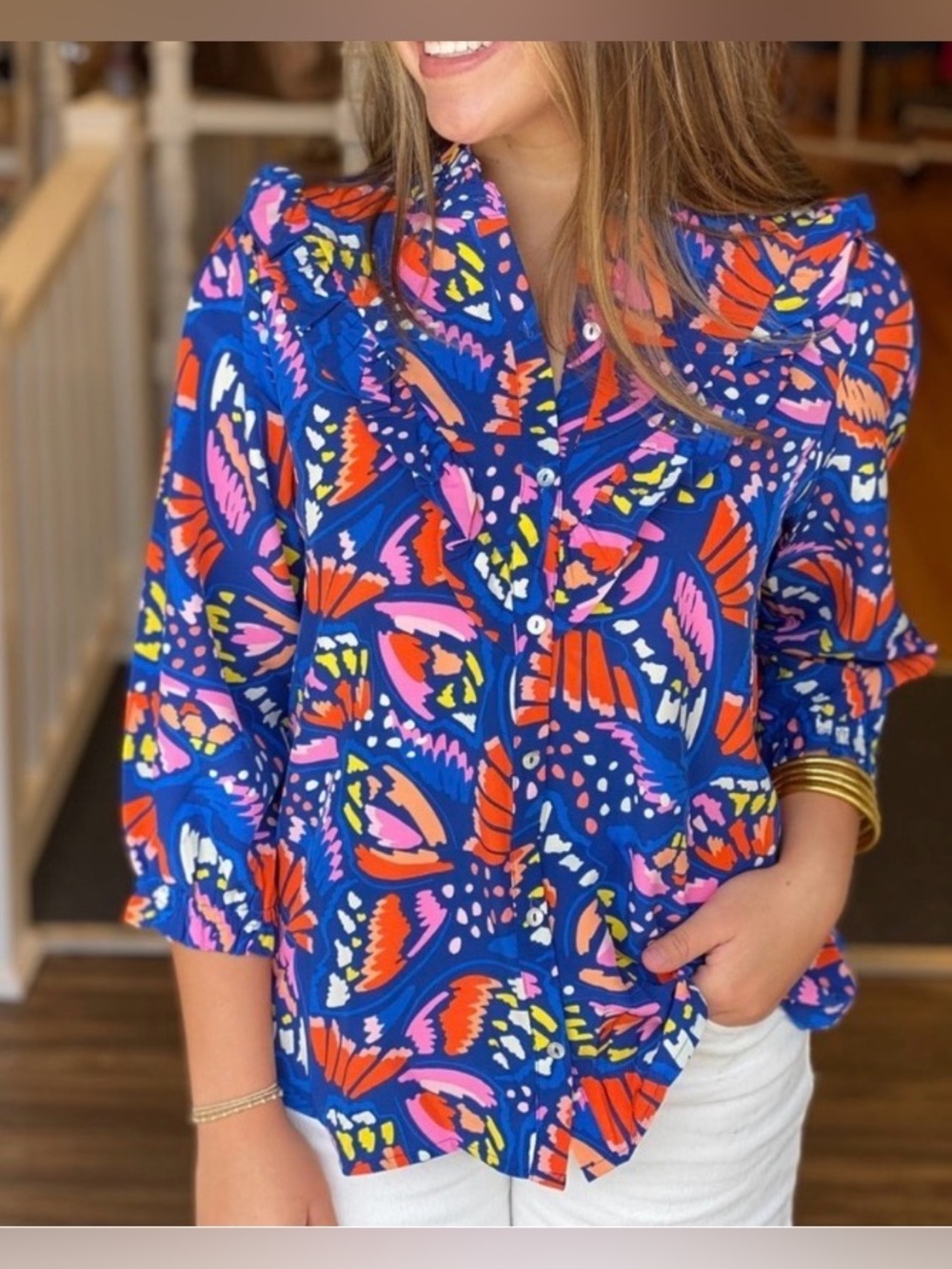 Michelle McDowell Kelly Top So Fly Blue Ruffle Button Up Size Small